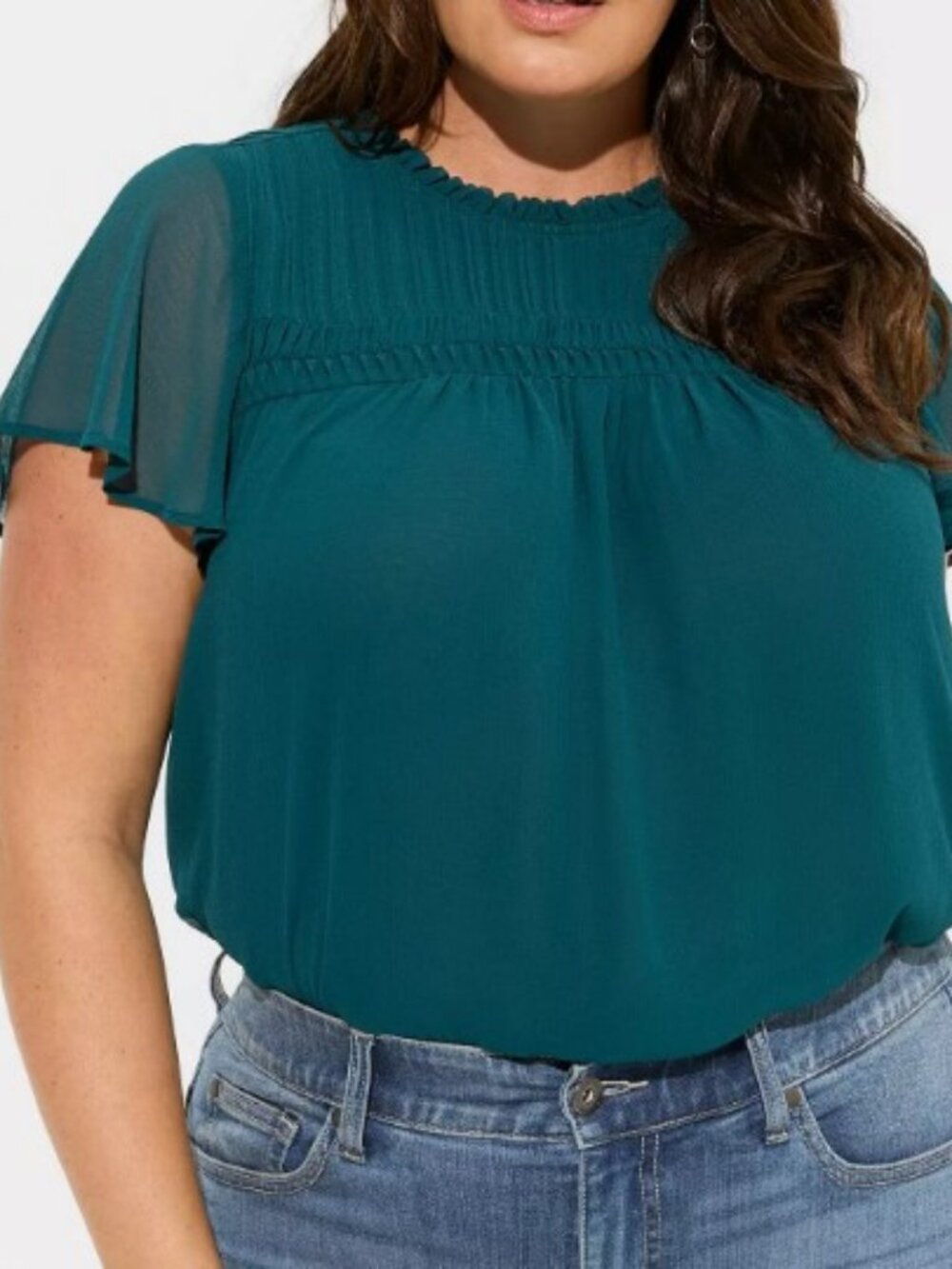 Torrid Dark Green Babydoll Chiffon Top Lined with Flutter Sleeves - Picture 2 of 6